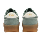 Rear view of two Gola trainers in green suede with white trim and brown soles