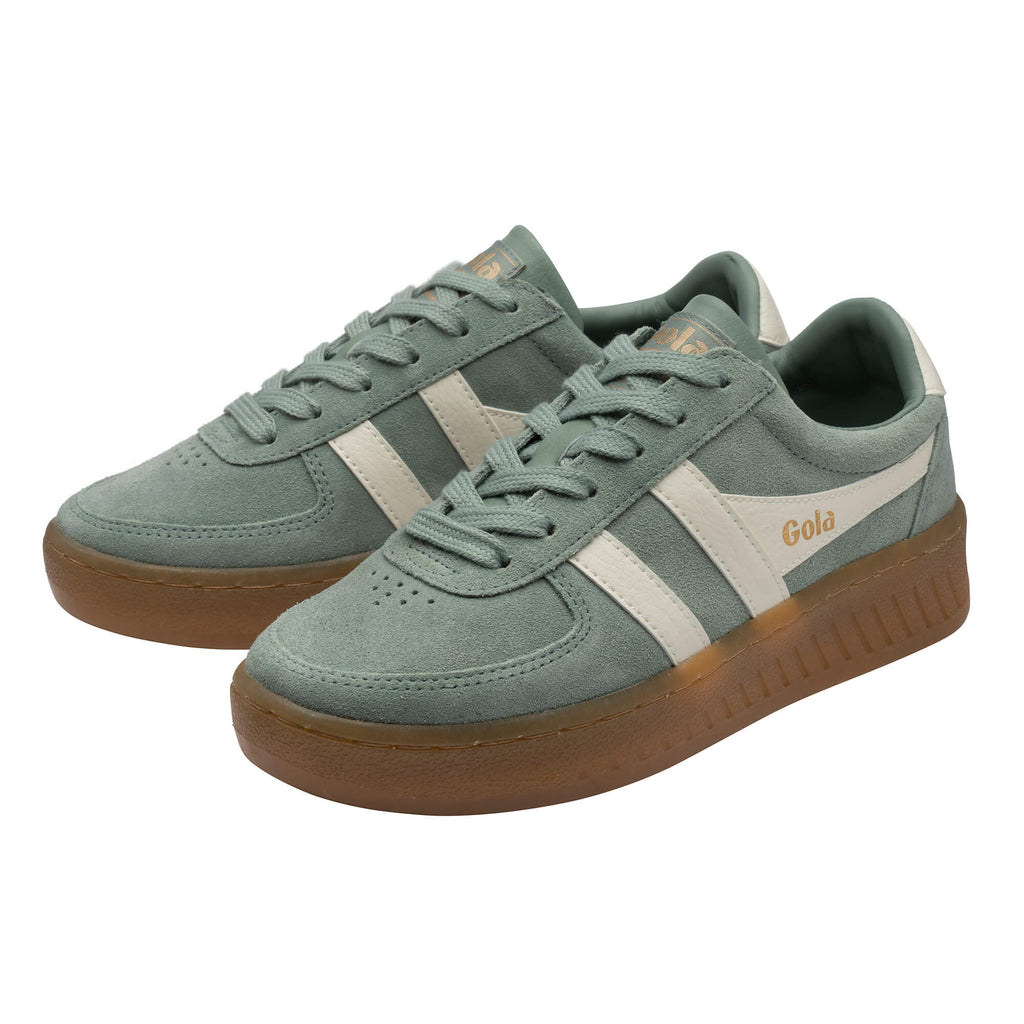 Pair of Gola trainers in green suede with cream stripes and gum sole