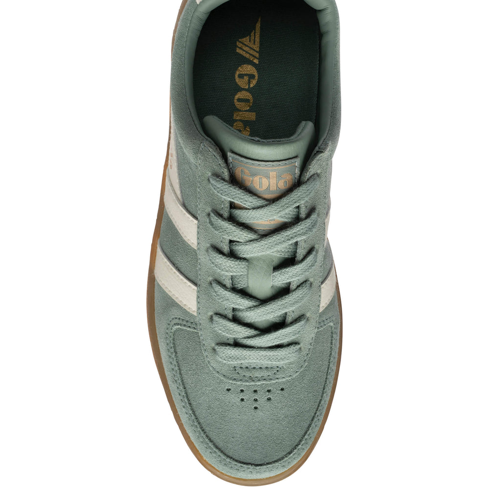Gola Harrier trainers in sage green suede with white side stripes and a gum sole