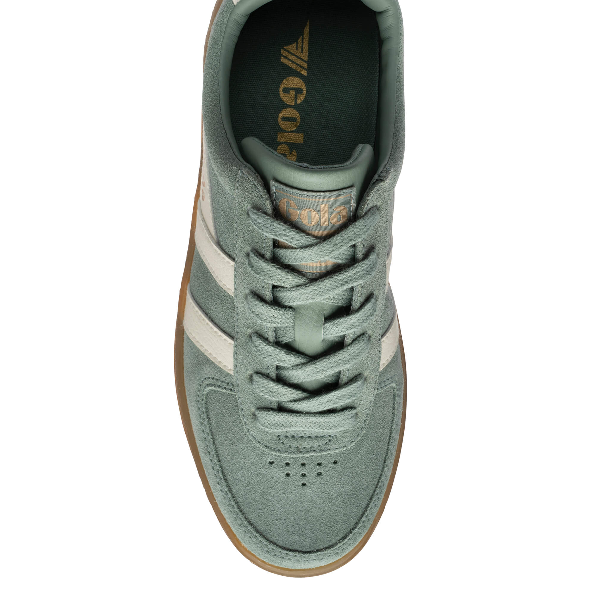 Gola Harrier trainers in sage green suede with white side stripes and a gum sole