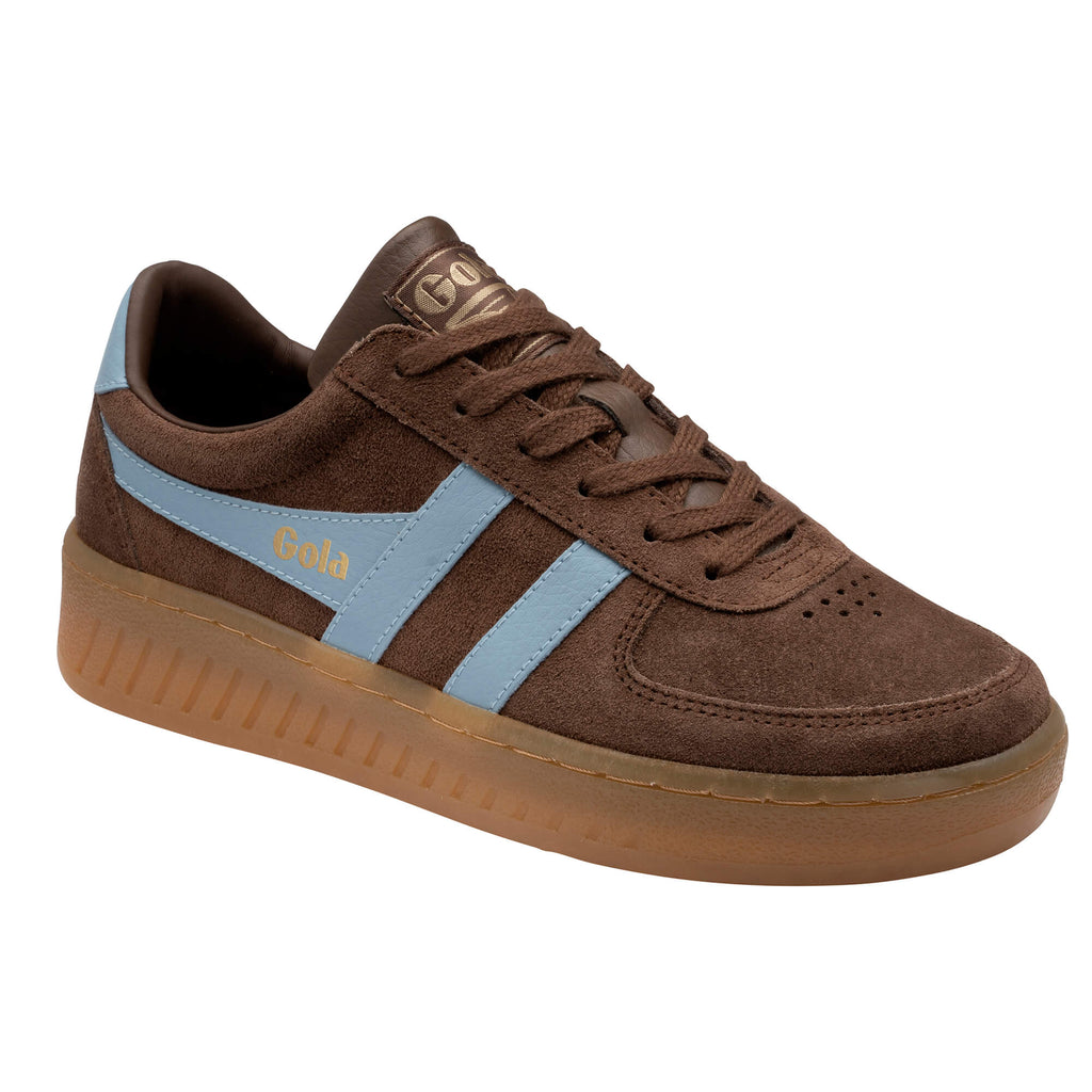 Gola Classics women's low-top trainers in brown suede with light blue side stripes and a gum sole