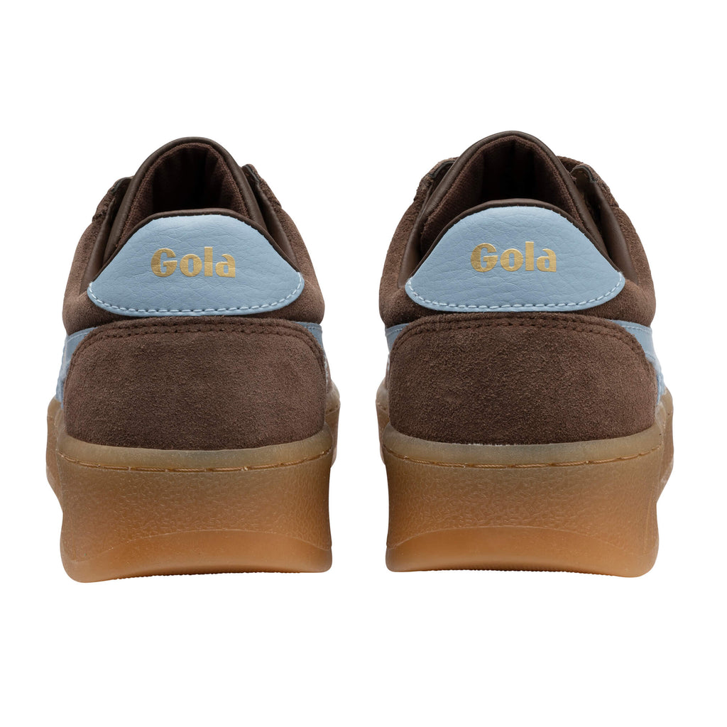 Pair of Gola trainers, brown suede with light blue heel tab and gum sole, rear view