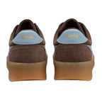 Pair of Gola trainers, brown suede with light blue heel tab and gum sole, rear view