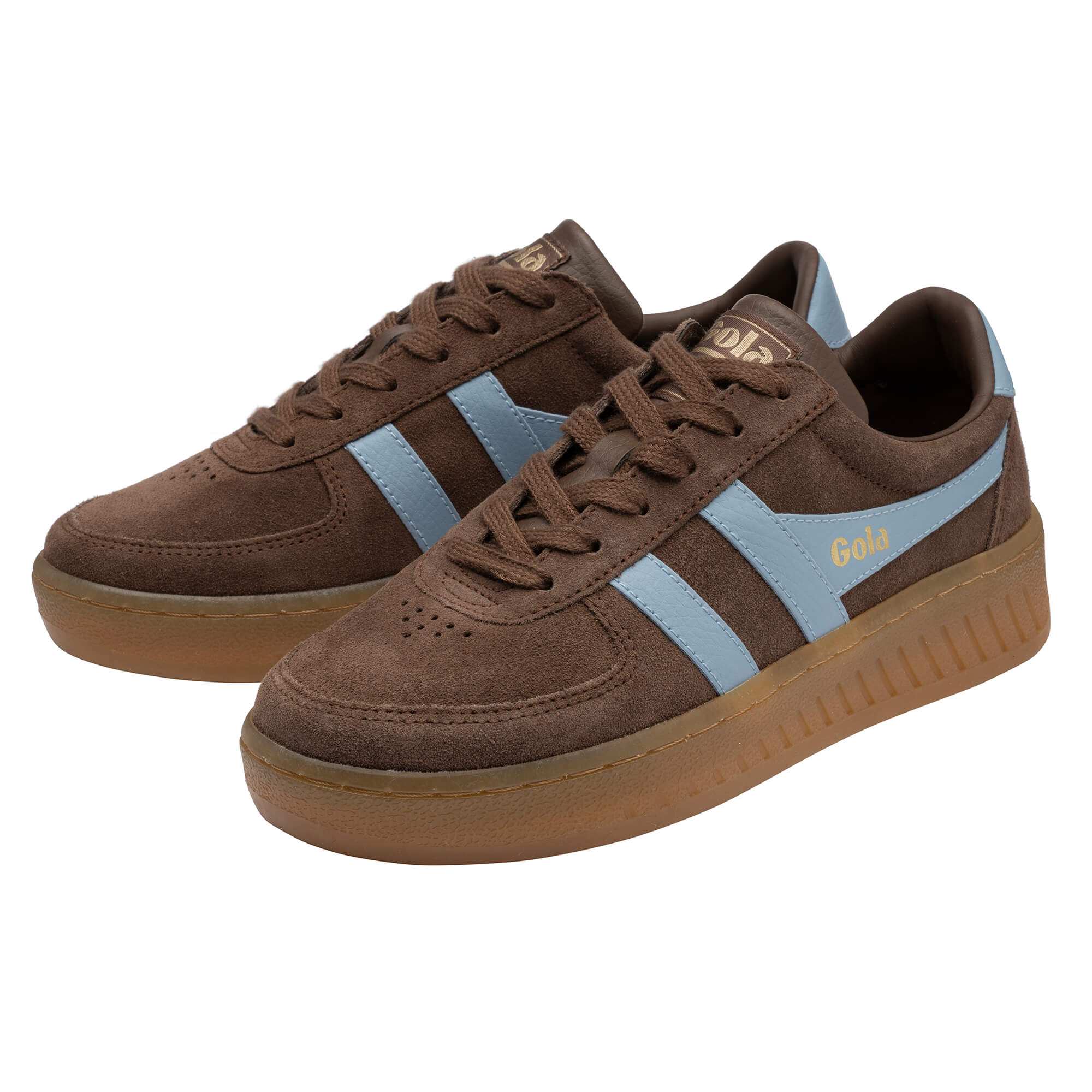 Pair of Gola Elan trainers in brown suede with light blue stripes and gum sole