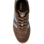 Brown Gola trainer with light blue stripes and brown laces