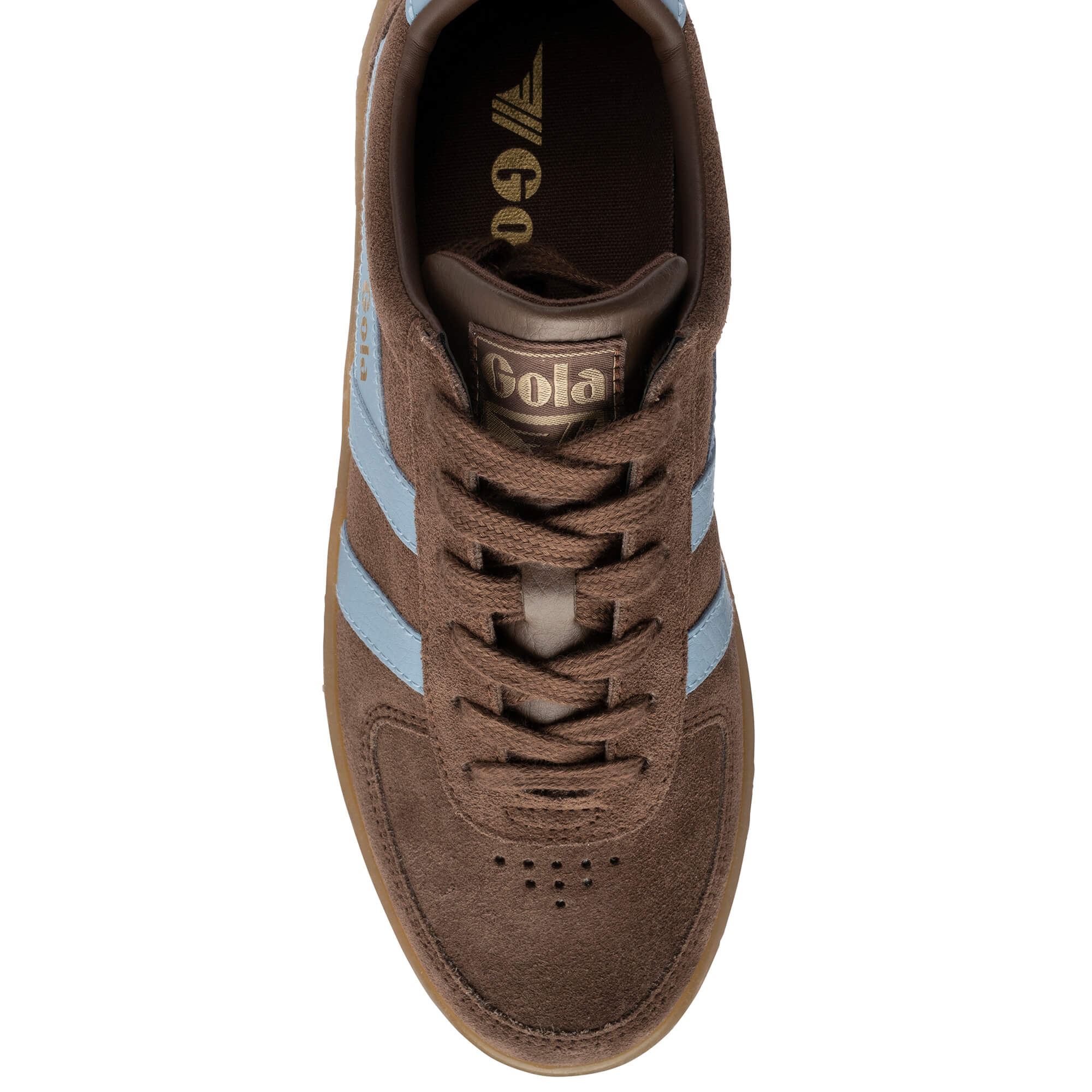 Brown Gola trainer with light blue stripes and brown laces