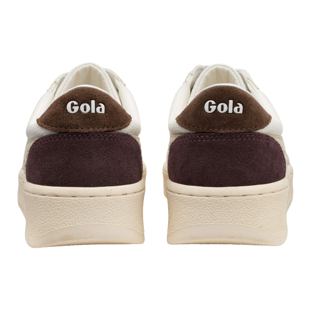 Rear view of two Gola trainers in off-white, brown, and burgundy