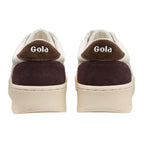 Rear view of two Gola trainers in off-white, brown, and burgundy