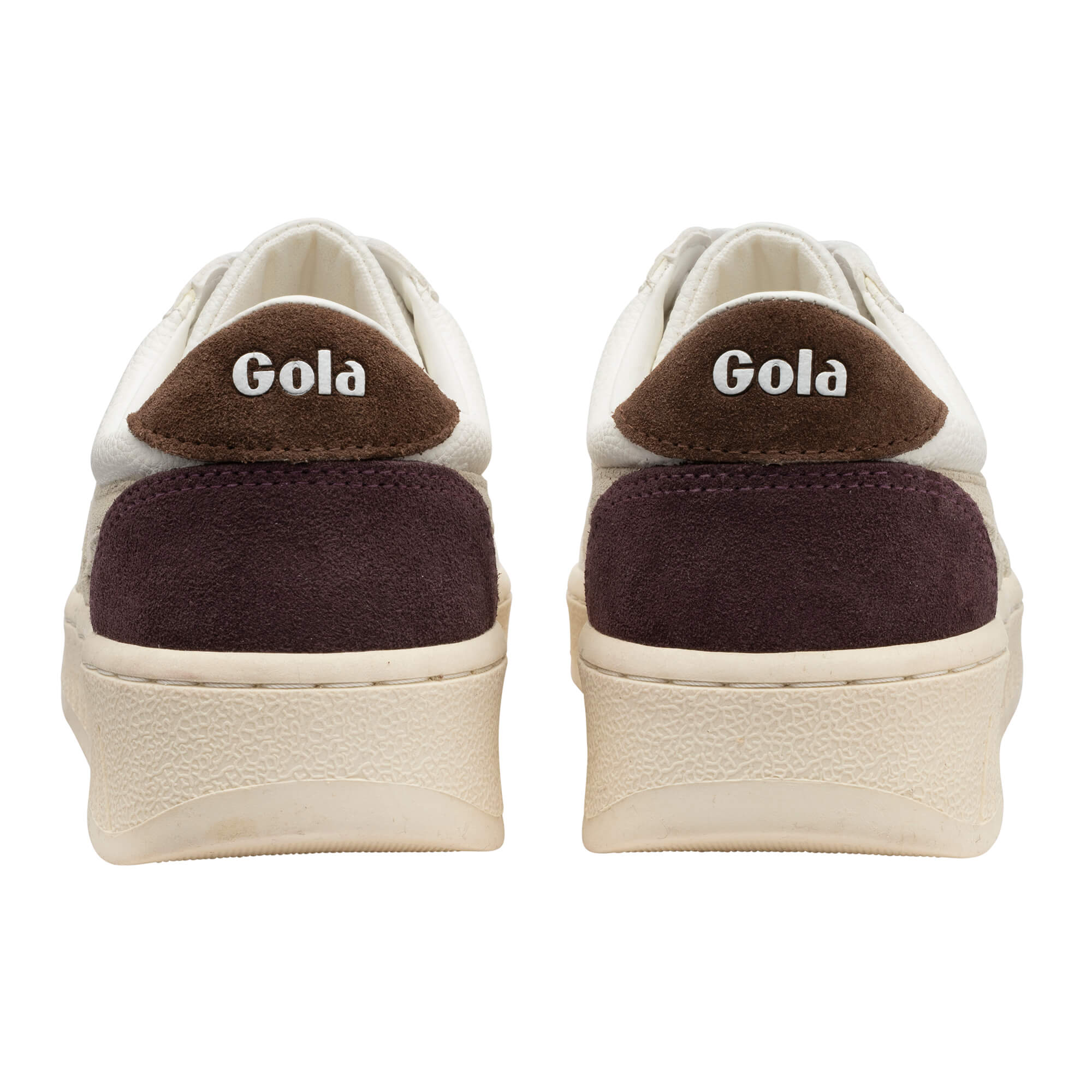 Rear view of two Gola trainers in off-white, brown, and burgundy