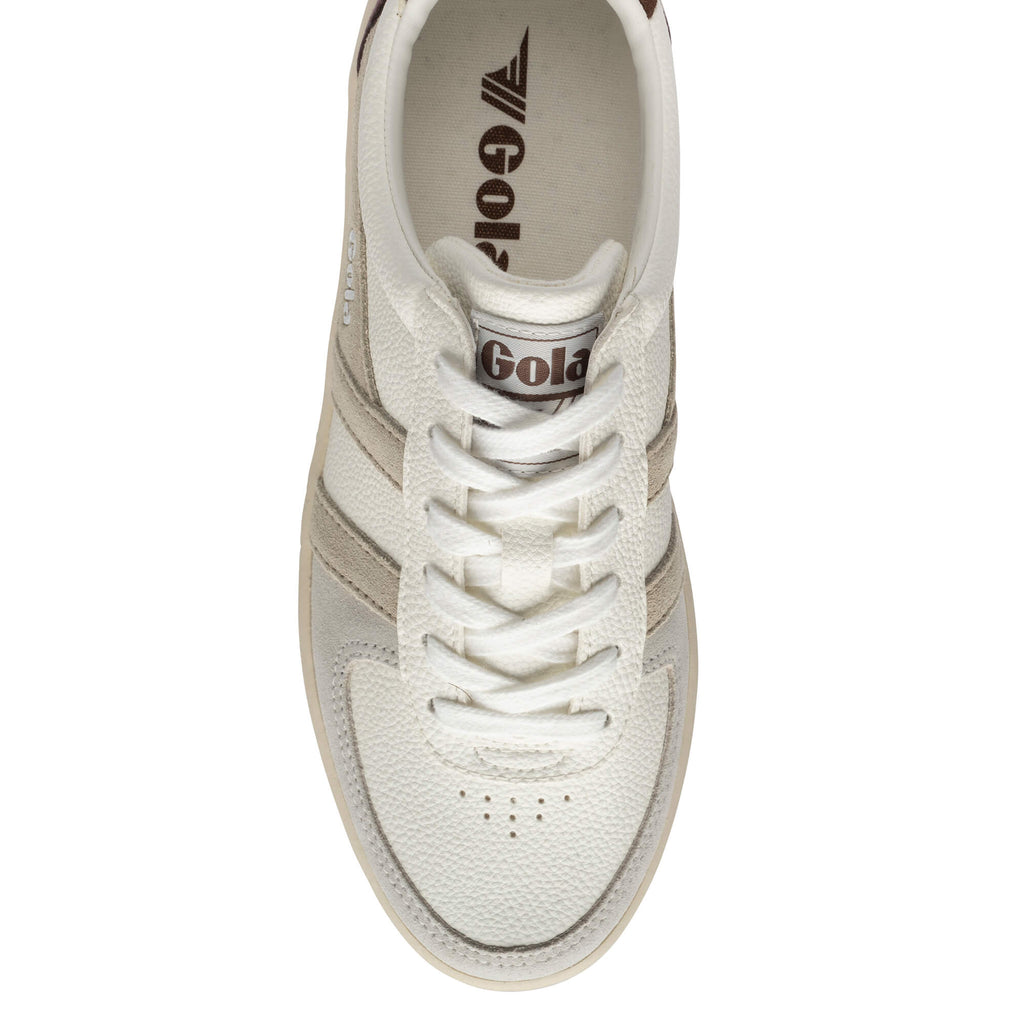 Top-down view of a Gola trainer in off-white with beige suede accents and white laces
