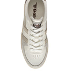 Top-down view of a Gola trainer in off-white with beige suede accents and white laces