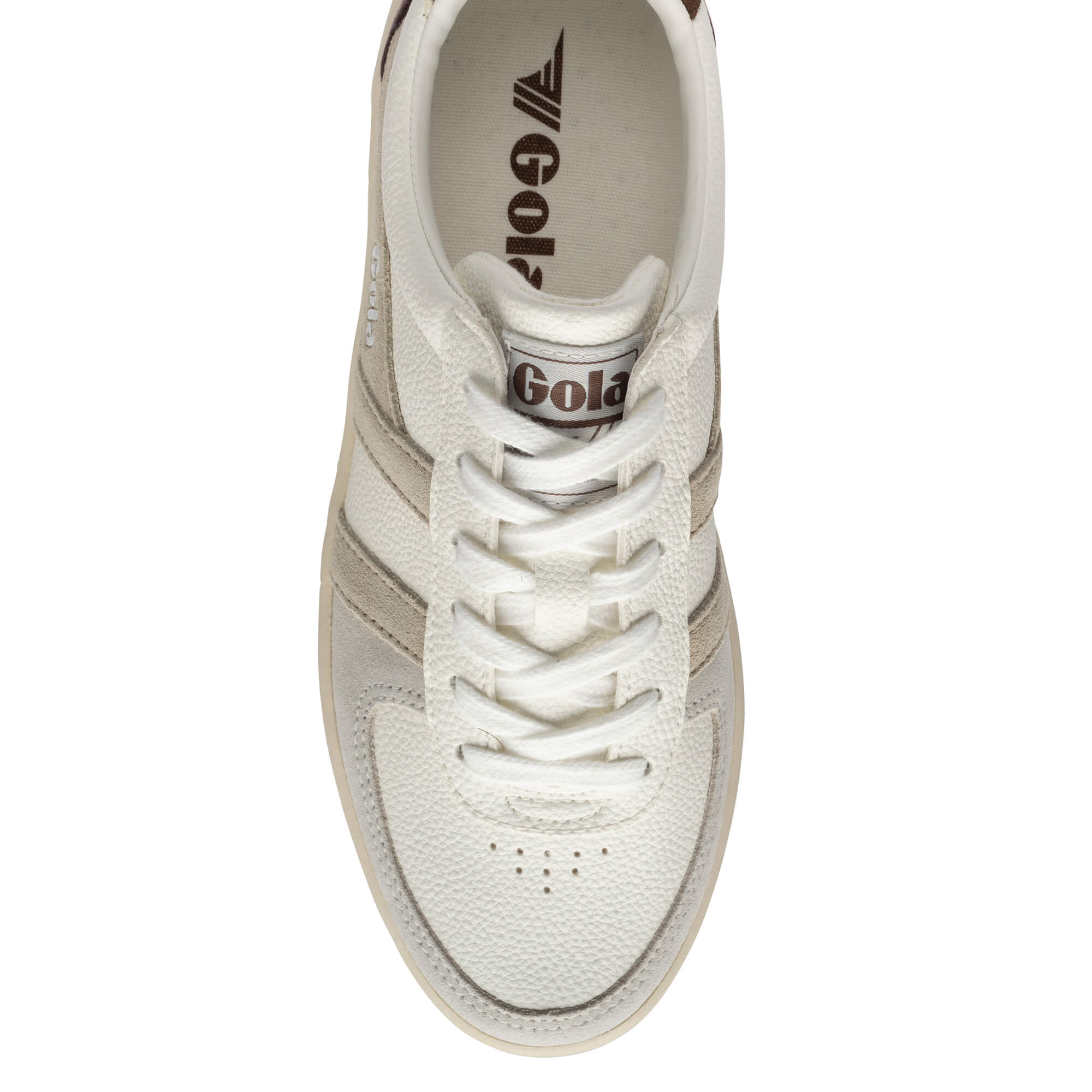 Top-down view of a Gola trainer in off-white with beige suede accents and white laces