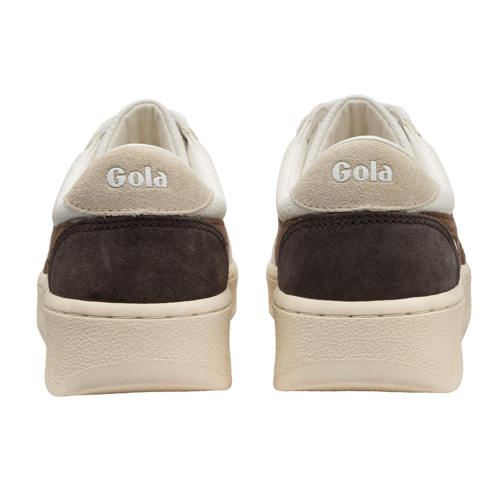 Rear view of two Gola trainers in brown and cream