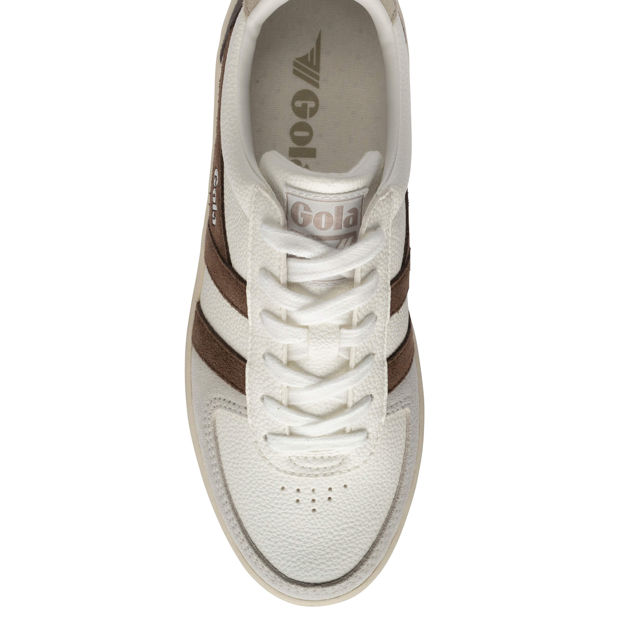 Top-down view of a Gola trainer in off-white with brown stripes and laces