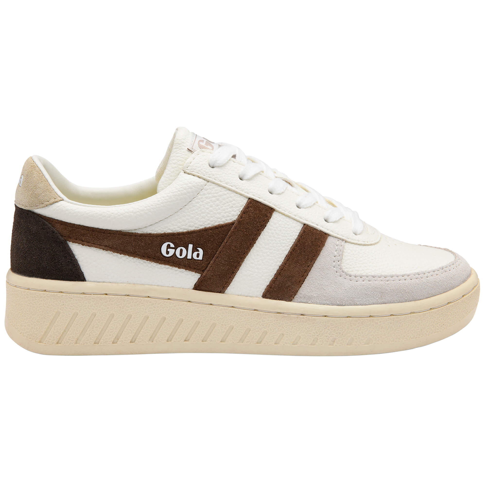 Gola women's trainer in off-white with brown stripes and a cream sole