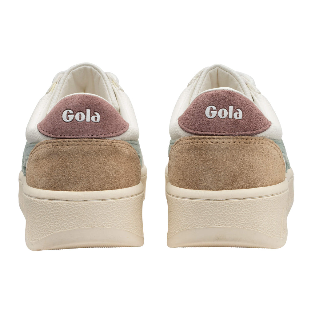 Rear view of two Gola trainers with white, brown, and pink accents