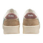 Rear view of two Gola trainers with white, brown, and pink accents