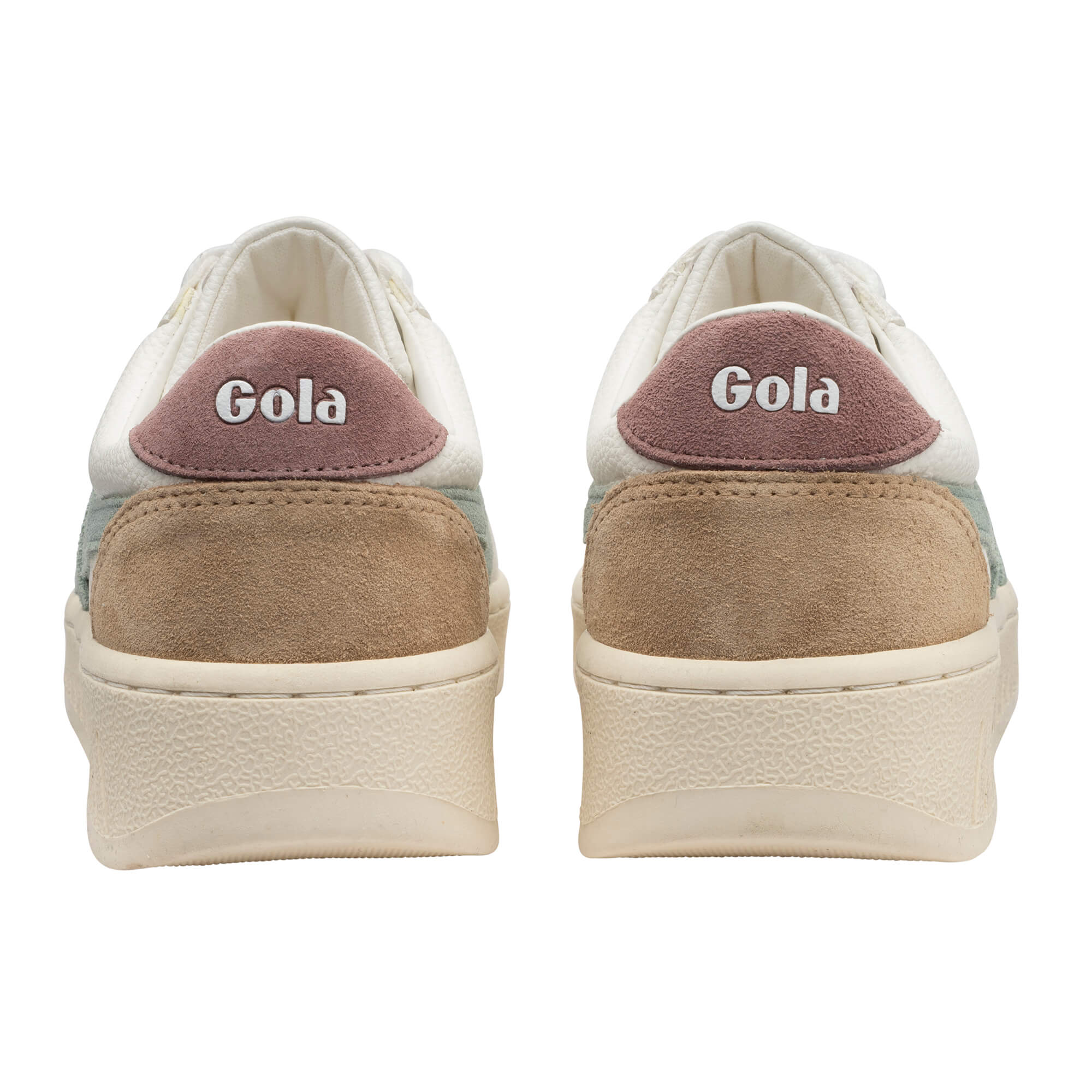 Rear view of two Gola trainers with white, brown, and pink accents