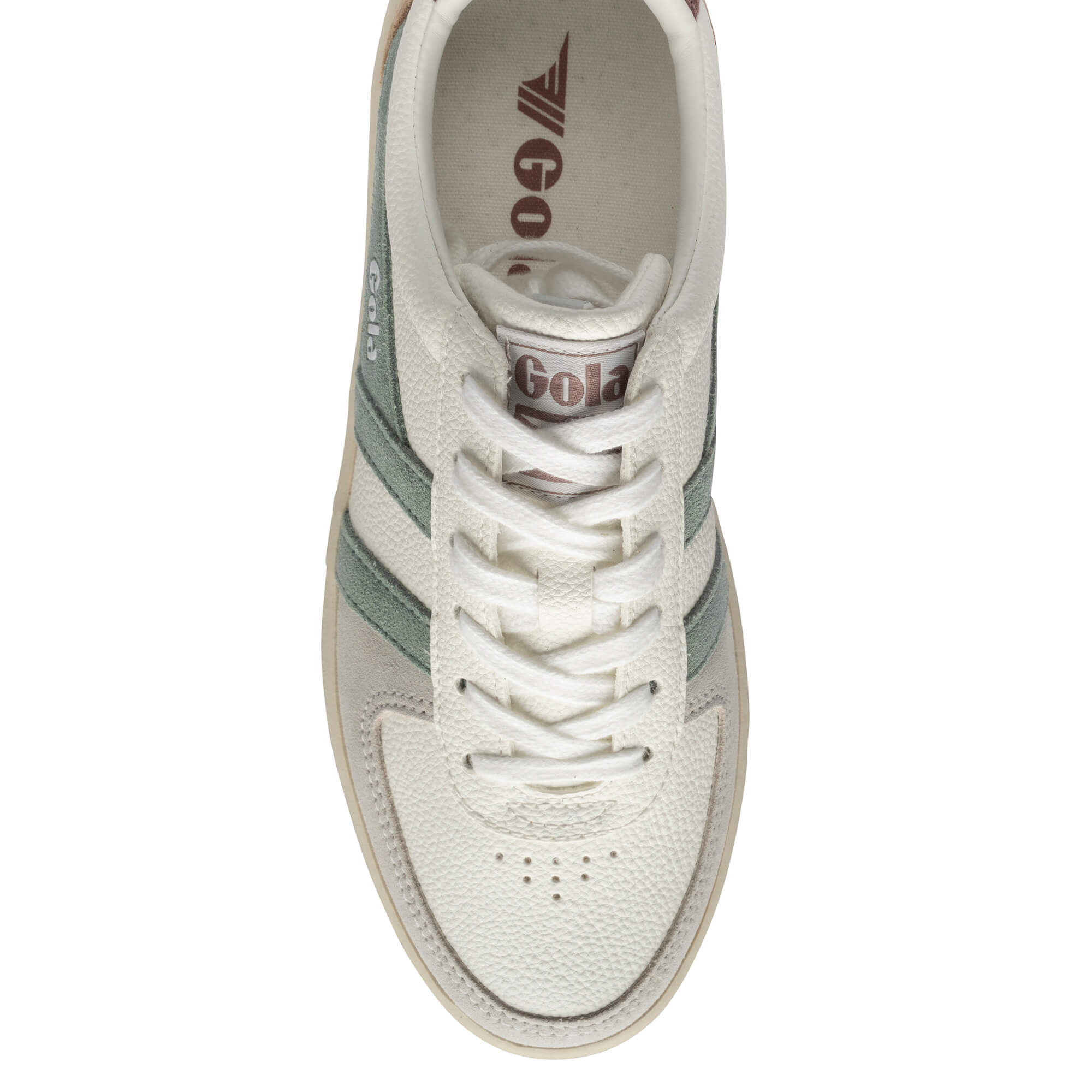 Top-down view of a Gola trainer in off-white with green stripes and brown branding