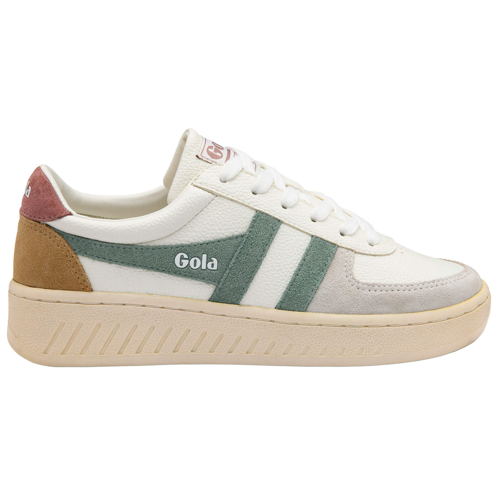 Gola women's trainer in off-white with green, brown, and grey accents