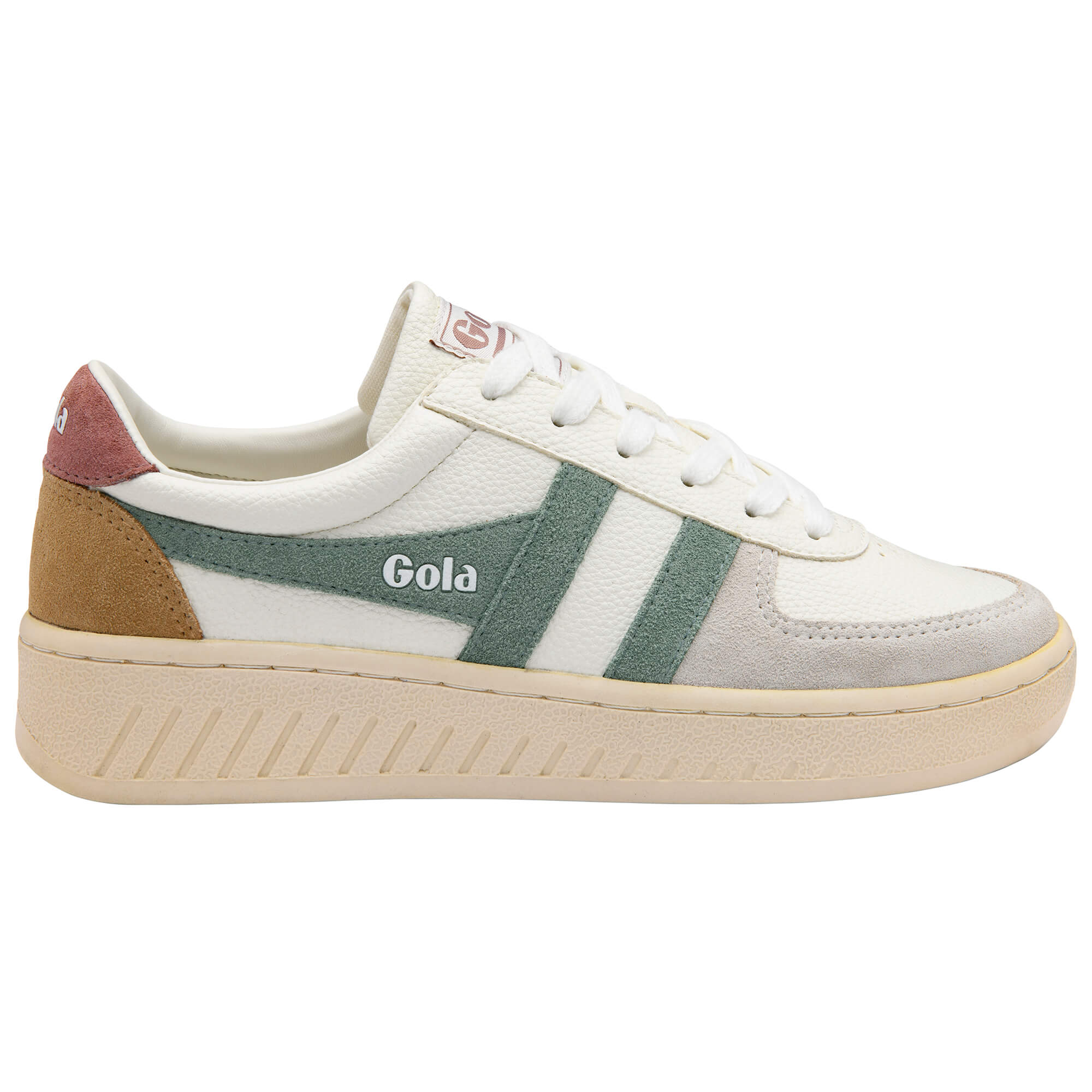 Gola women's trainer in off-white with green, brown, and grey accents