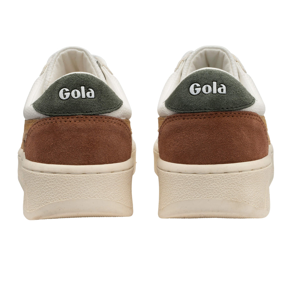 Rear view of two Gola trainers with white uppers, brown suede heels, and green Gola branding
