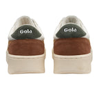 Rear view of two Gola trainers with white uppers, brown suede heels, and green Gola branding