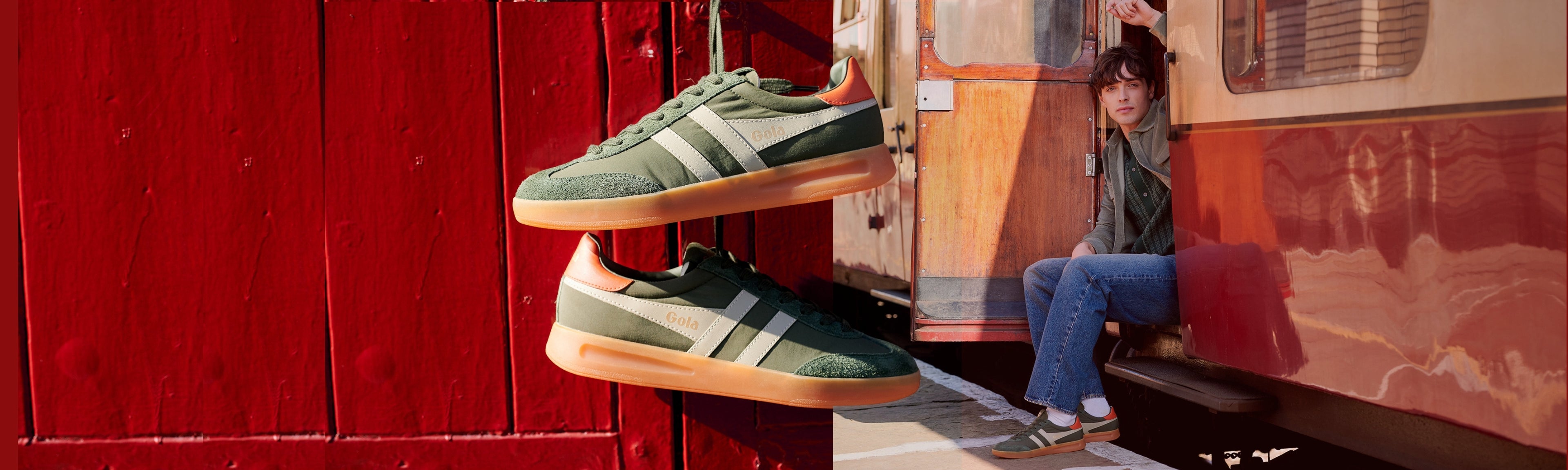 Two pairs of green and white Gola trainers with orange soles, one pair worn by a man on a train