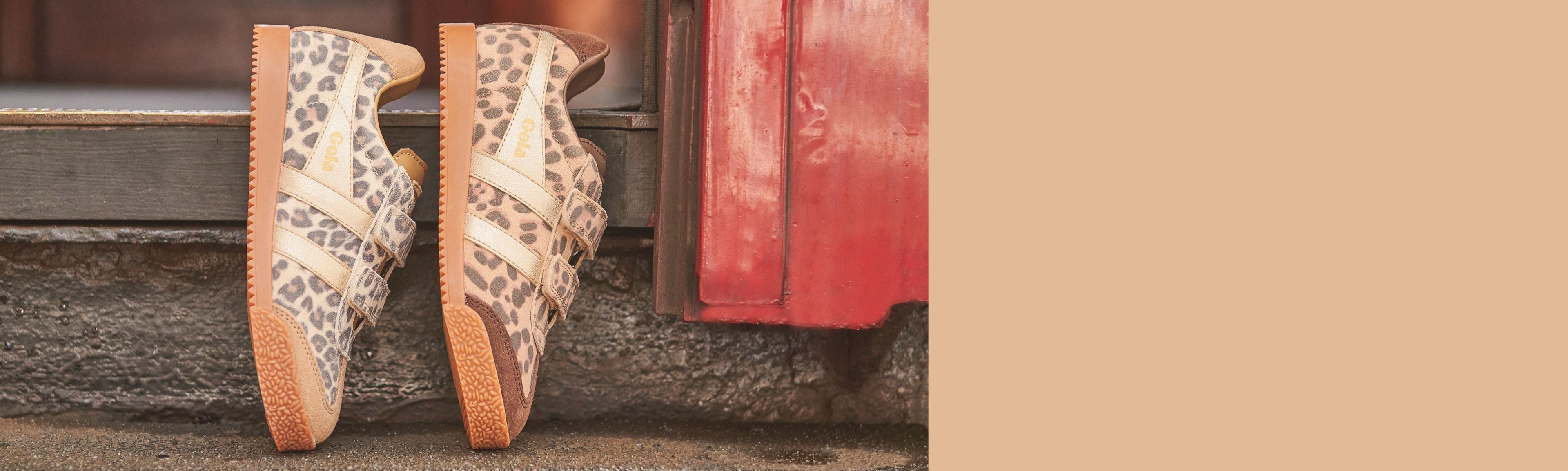 Pair of Gola Harrier trainers in leopard print with two hook-and-loop straps