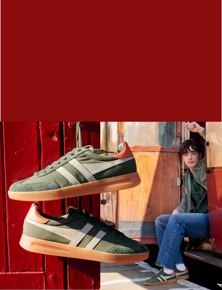 Two pairs of Gola trainers in green with white stripes and brown soles, one worn by a man