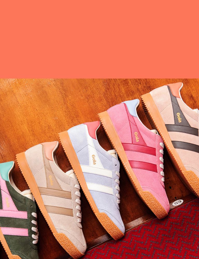 Row of five Gola trainers in various colours including green, beige, blue, pink, and brown