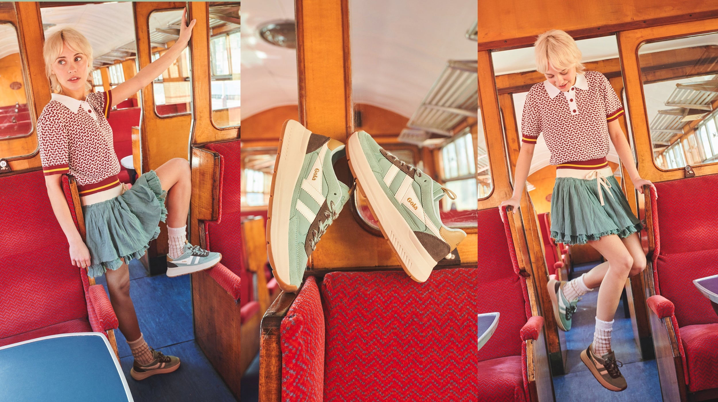Blonde woman in a patterned top and green skirt posing with Gola sneakers in a train car.