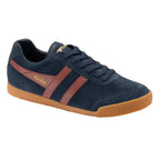 Gola Harrier suede trainers in navy with tan stripes and gum sole