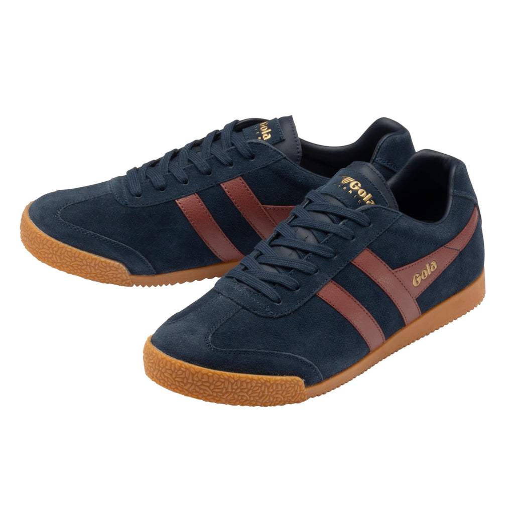 Pair of Gola Harrier trainers in navy suede with brown stripes and gum sole
