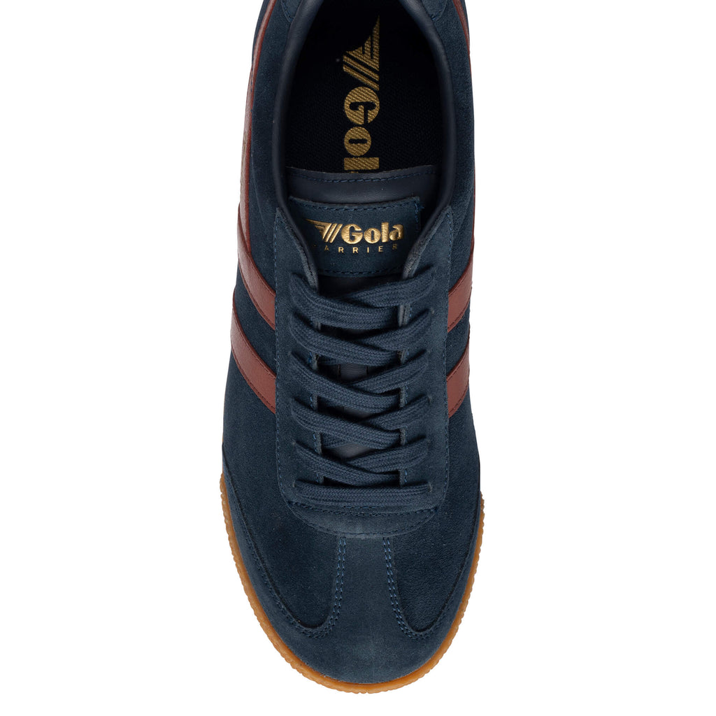 Navy Gola Harrier trainers with brown stripes and a gum sole