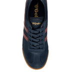 Navy Gola Harrier trainers with brown stripes and a gum sole