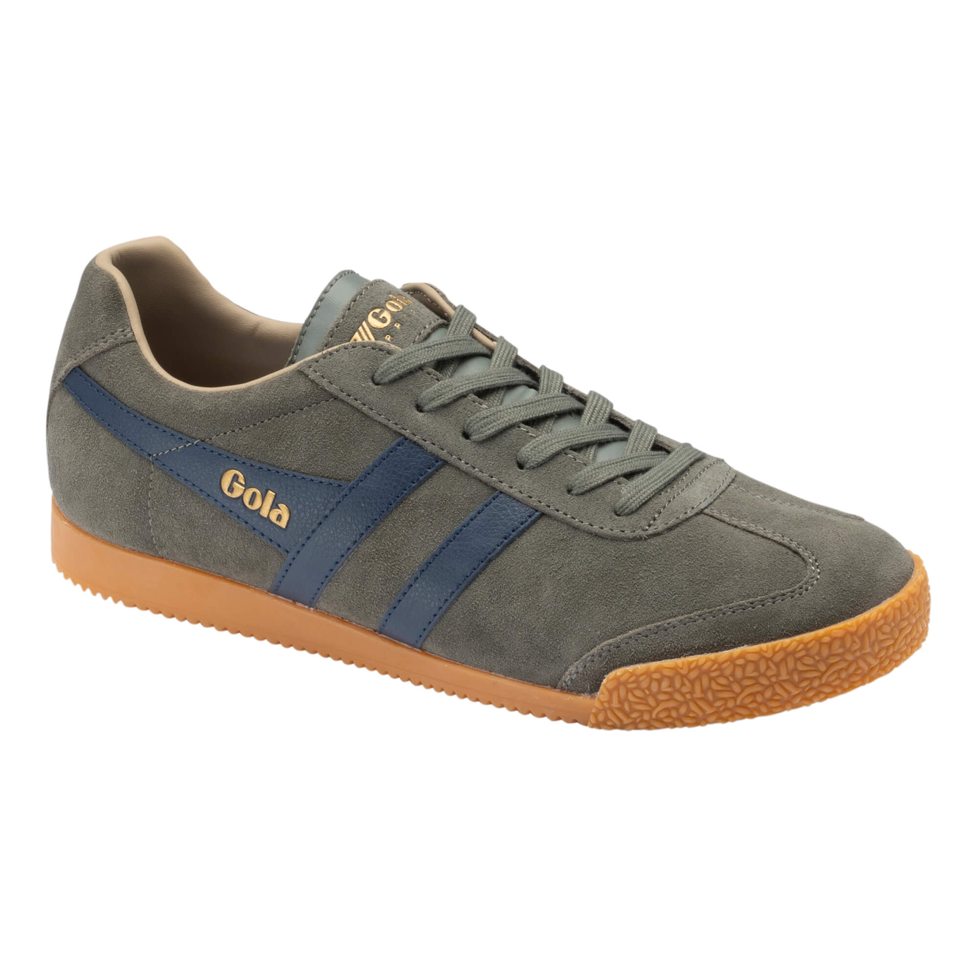 Gola Harrier suede trainer in khaki with navy blue stripes and a gum sole