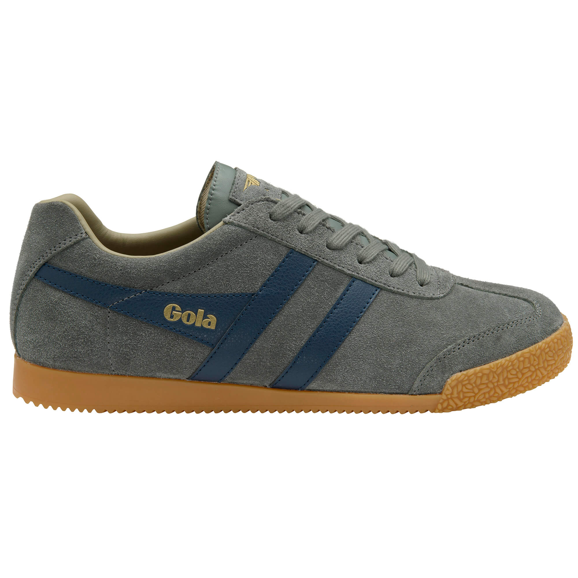 Gola Harrier suede trainers in grey with blue stripes and a gum sole