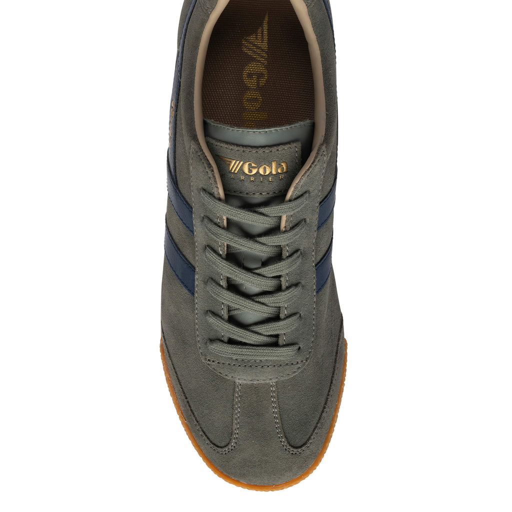 Top-down view of a Gola Harrier trainer in khaki suede with navy blue stripes and a gum sole