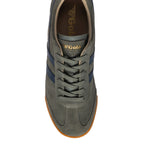 Top-down view of a Gola Harrier trainer in khaki suede with navy blue stripes and a gum sole