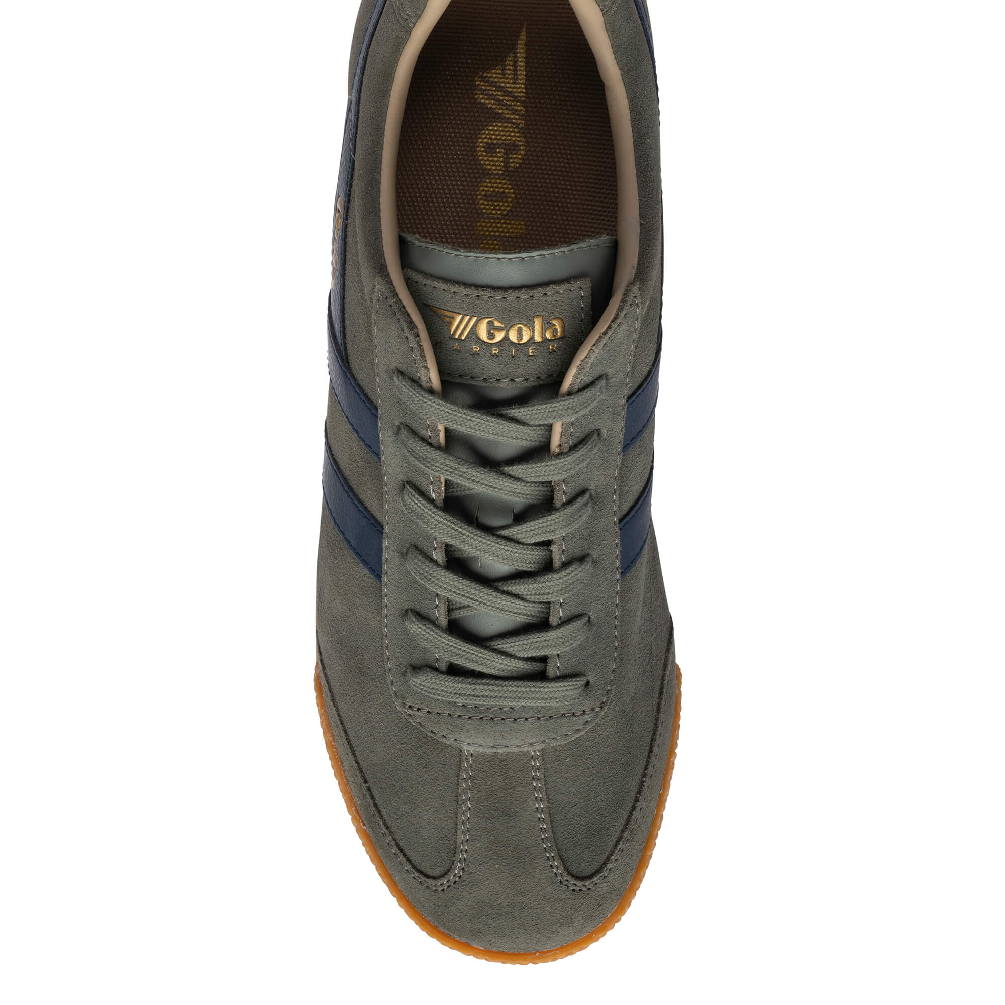 Top-down view of a Gola Harrier trainer in khaki suede with navy blue stripes and a gum sole
