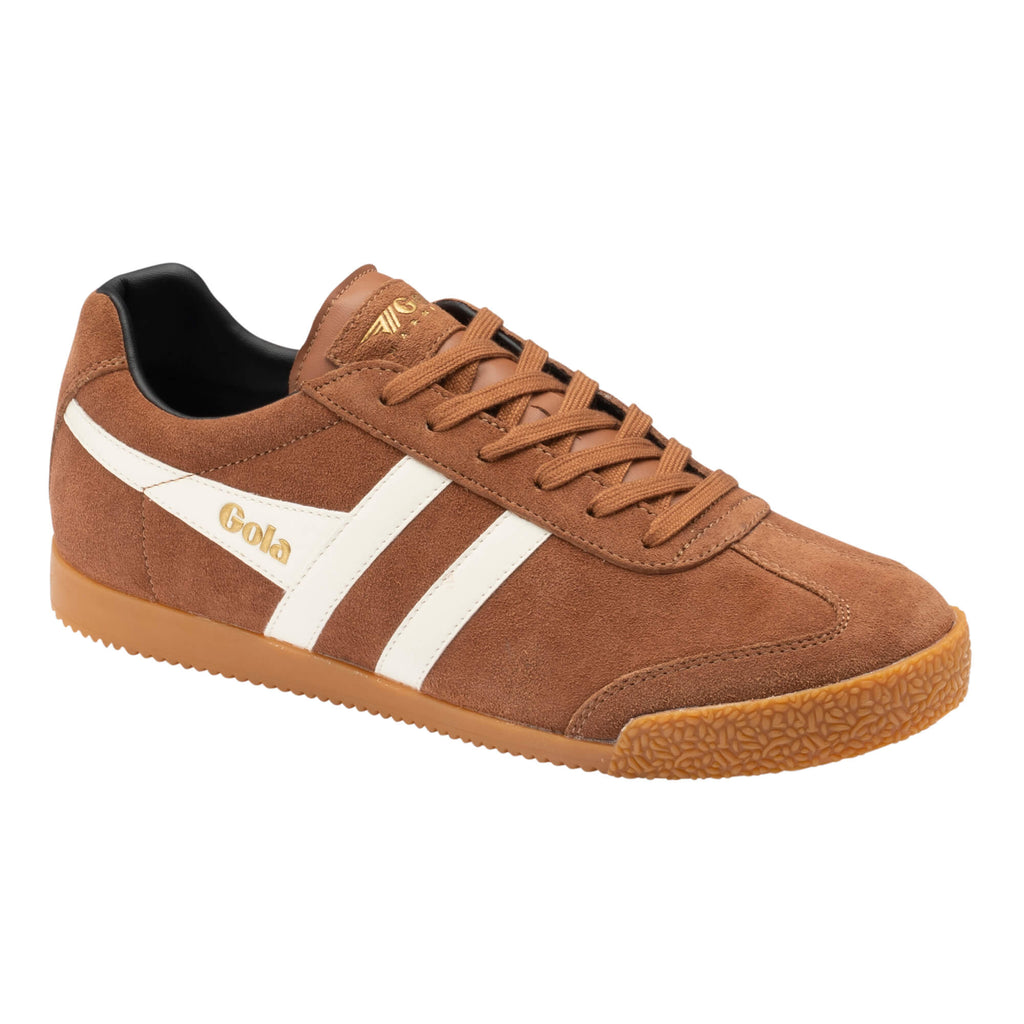 Brown Gola Harrier trainers with white stripes and a gum sole