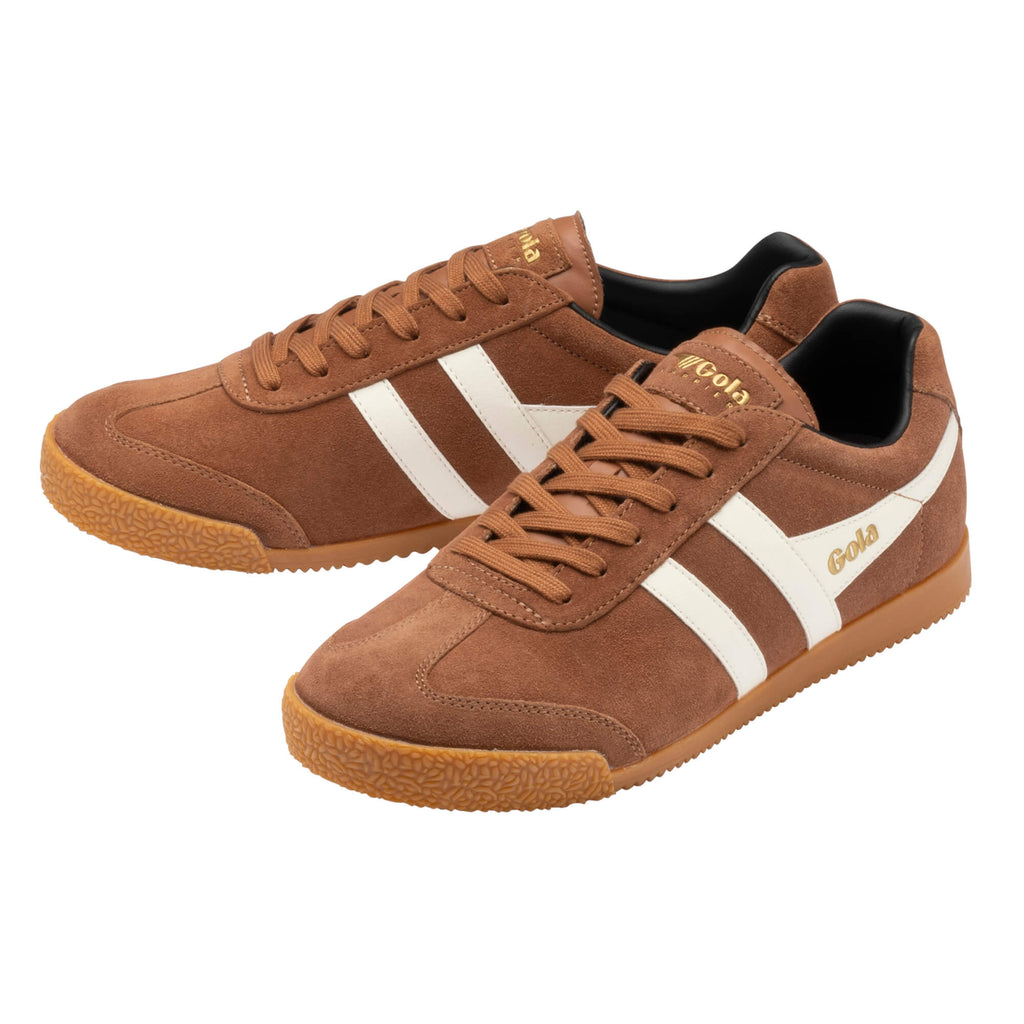 Pair of Gola Harrier trainers in brown suede with white stripes and gum sole