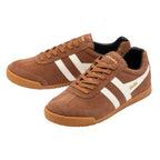 Pair of Gola Harrier trainers in brown suede with white stripes and gum sole
