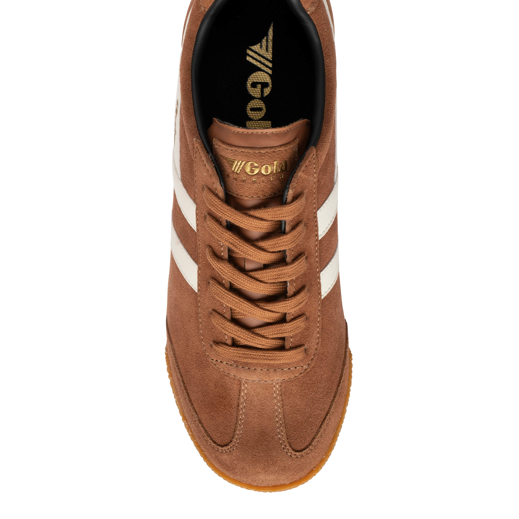 Overhead view of a brown suede trainer with white stripes and brown laces