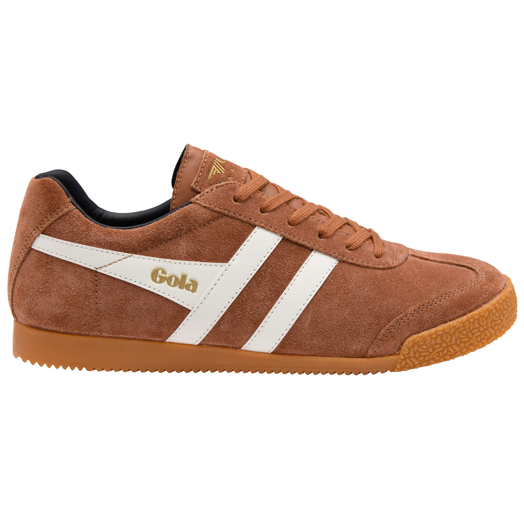 Gola Harrier suede trainers in tan with white stripes and gum sole