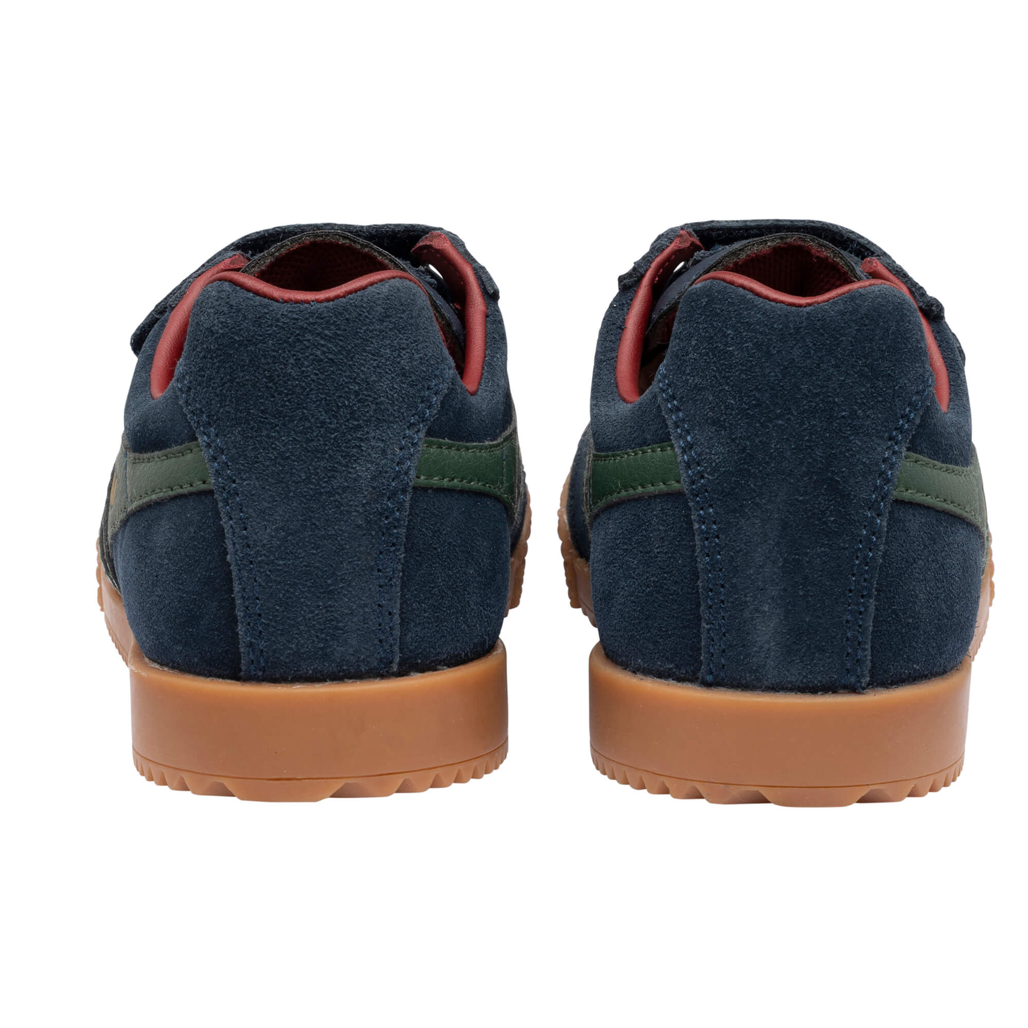 Pair of navy blue suede trainers with green stripes and brown soles, rear view
