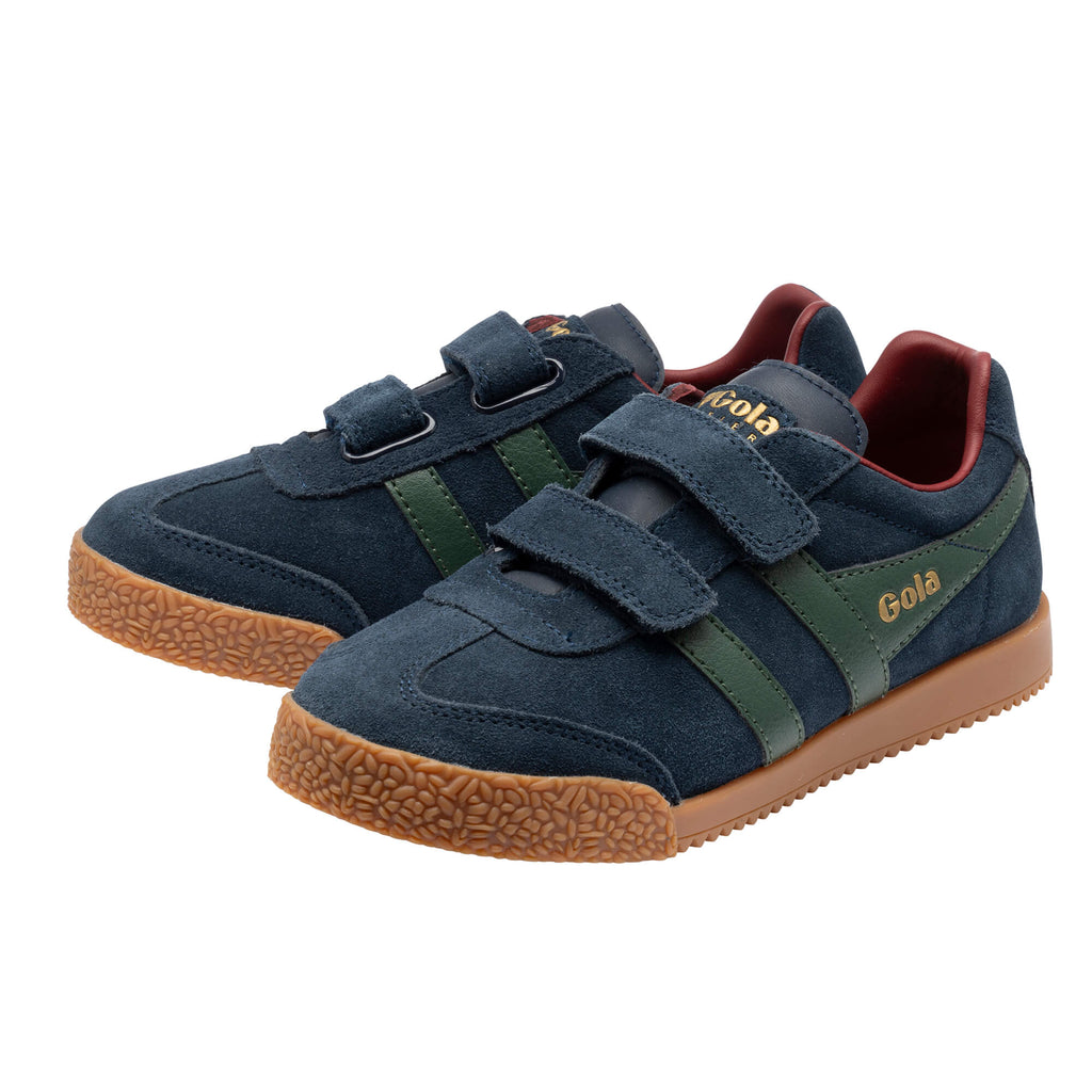 Pair of navy blue suede trainers with green stripes and brown soles