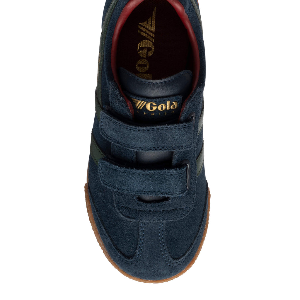 Navy blue suede Gola Harrier trainers with two hook and loop straps and a gum sole