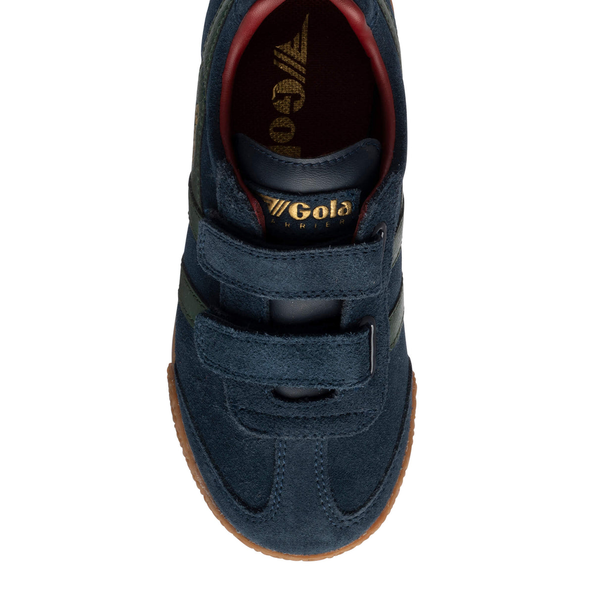 Navy blue suede Gola Harrier trainers with two hook and loop straps and a gum sole